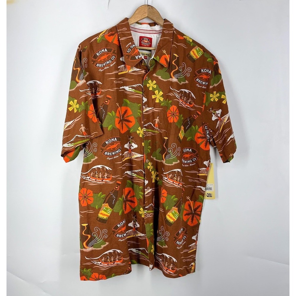 Toes on the Nose Kona Brewing Shag Tiki Aloha Shirt Brown Linen Blend XXXL NEW